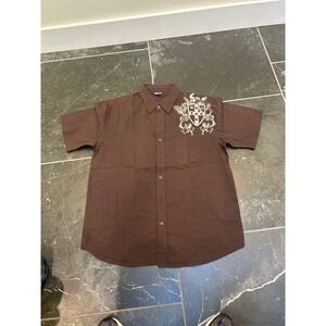 Most Mens XL Brown Short Sleeve Button Down Shirt Embroidered Y2K Streetwear